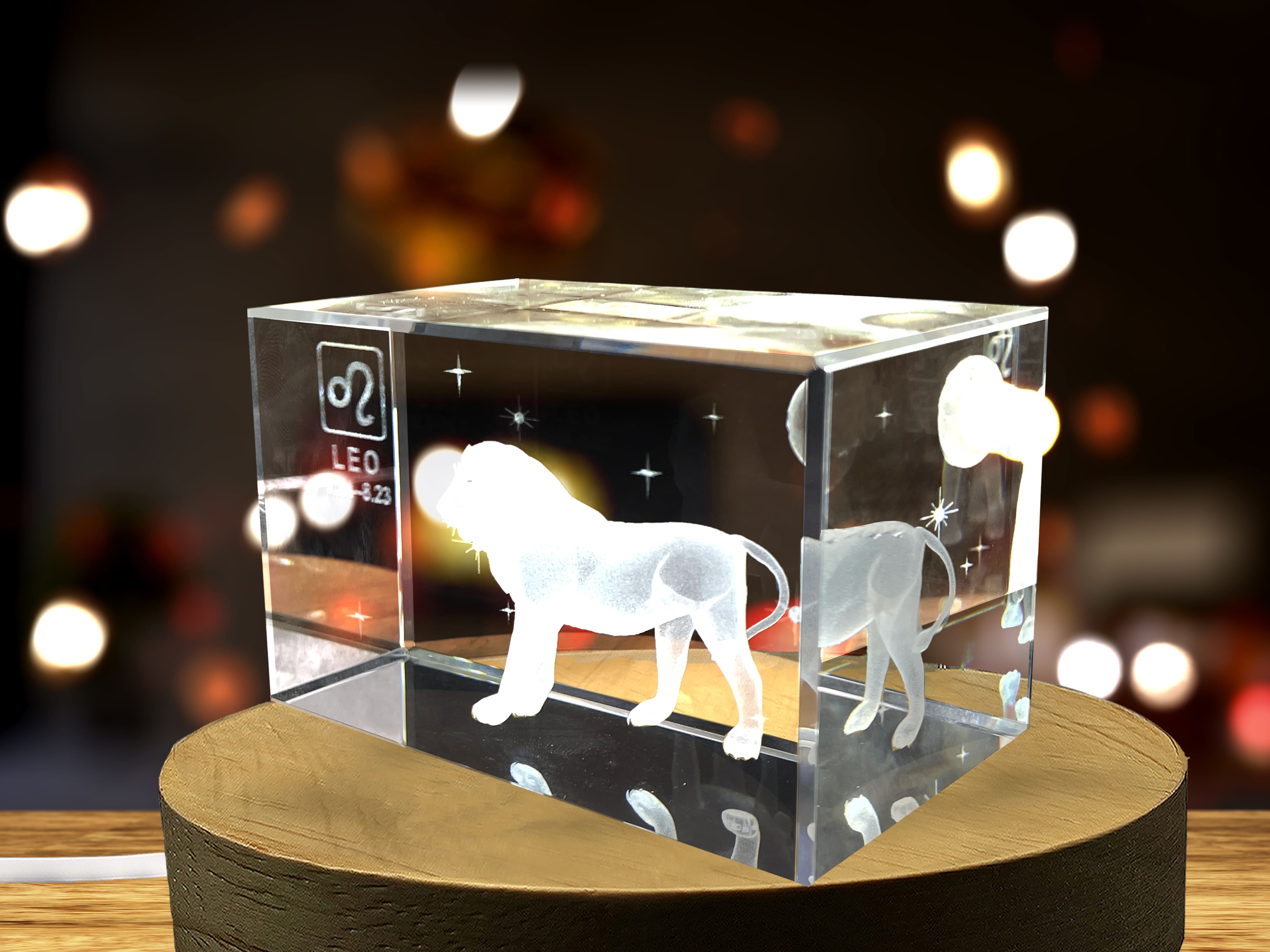 Leo Zodiac Sign 3D Engraved Crystal Keepsake Gift with Free LED Base Light A&B Crystal Collection