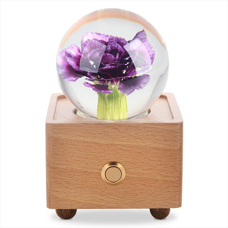 Real Preserved Flower Wireless Bluetooth Speaker, LED Night Light in Glass Dome Purple Carnation Flower A&B Crystal Collection